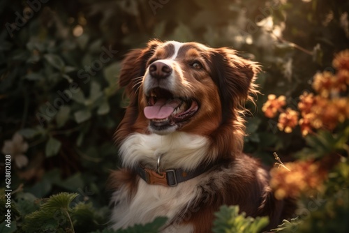 outdoor portrait of a happy dog in a suburban summer neighborhood yard © AberrantRealities