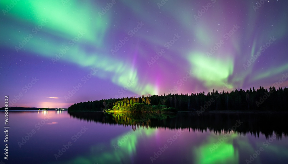 Aurora Background, Green and Purple Northern lights (Aurora borealis) in the sky over Tromso, panorama with northern light in night starry sky against mountain and lake reflection on the water surface