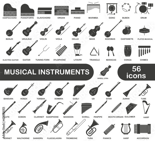 A simple set of dark hollow musical instruments. Images of various musical instruments with titles.