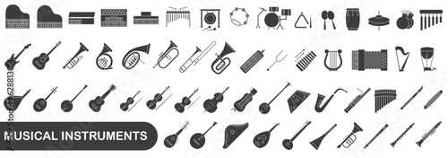 A simple set of dark hollow musical instruments. Images of various musical instruments.