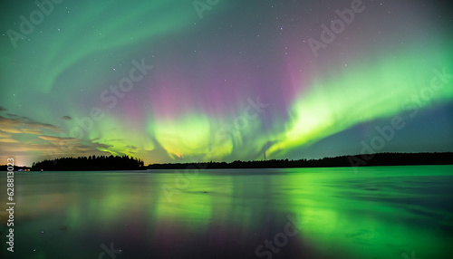 Aurora Background  Green and Purple Northern lights  Aurora borealis  in the sky over Tromso  panorama with northern light in night starry sky against mountain and lake reflection on the water surface