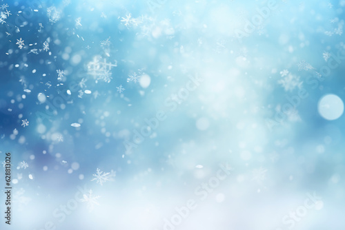 Glittery winter in silver tones  snowy blurred blue background. Generative ai