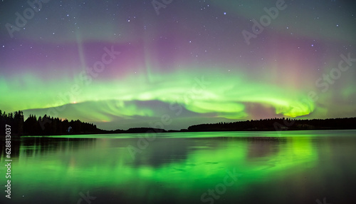 Aurora Background, Green and Purple Northern lights (Aurora borealis) in the sky over Tromso, panorama with northern light in night starry sky against mountain and lake reflection on the water surface