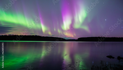 Aurora Background, Green and Purple Northern lights (Aurora borealis) in the sky over Tromso, panorama with northern light in night starry sky against mountain and lake reflection on the water surface
