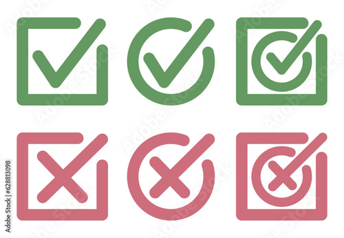 The marks are green and red in squares and circles. Yes or no, vote for and against. Vector illustration.