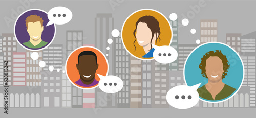 Chat friends from the same city. Color icons of people chatting. City in chat.