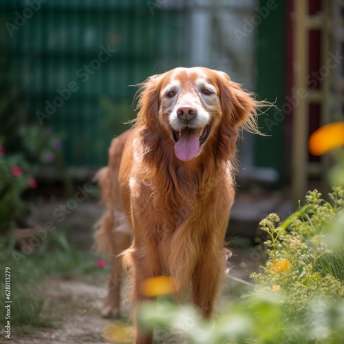 happy summer furry dog in a bright summer neighborhood yard portrait