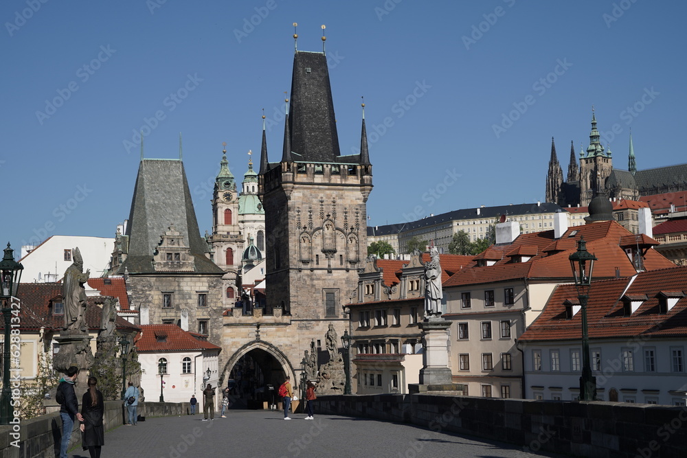Prague, Czech Republic. Charles Bridge with its statuette, Lesser Town Bridge Tower and the tower of the Judith Bridge.