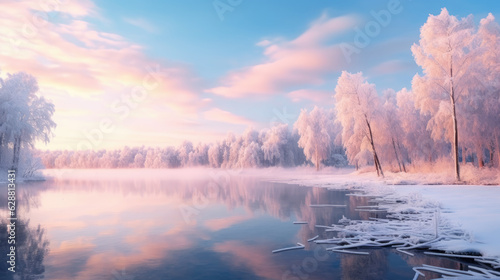 Frozen ice lake with water in the middle of winter with pink trees in the forest at Sunn. Generative ai