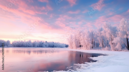 Frozen ice lake with water in middle of winter with forest view background in pink tones. Generative ai © LFK