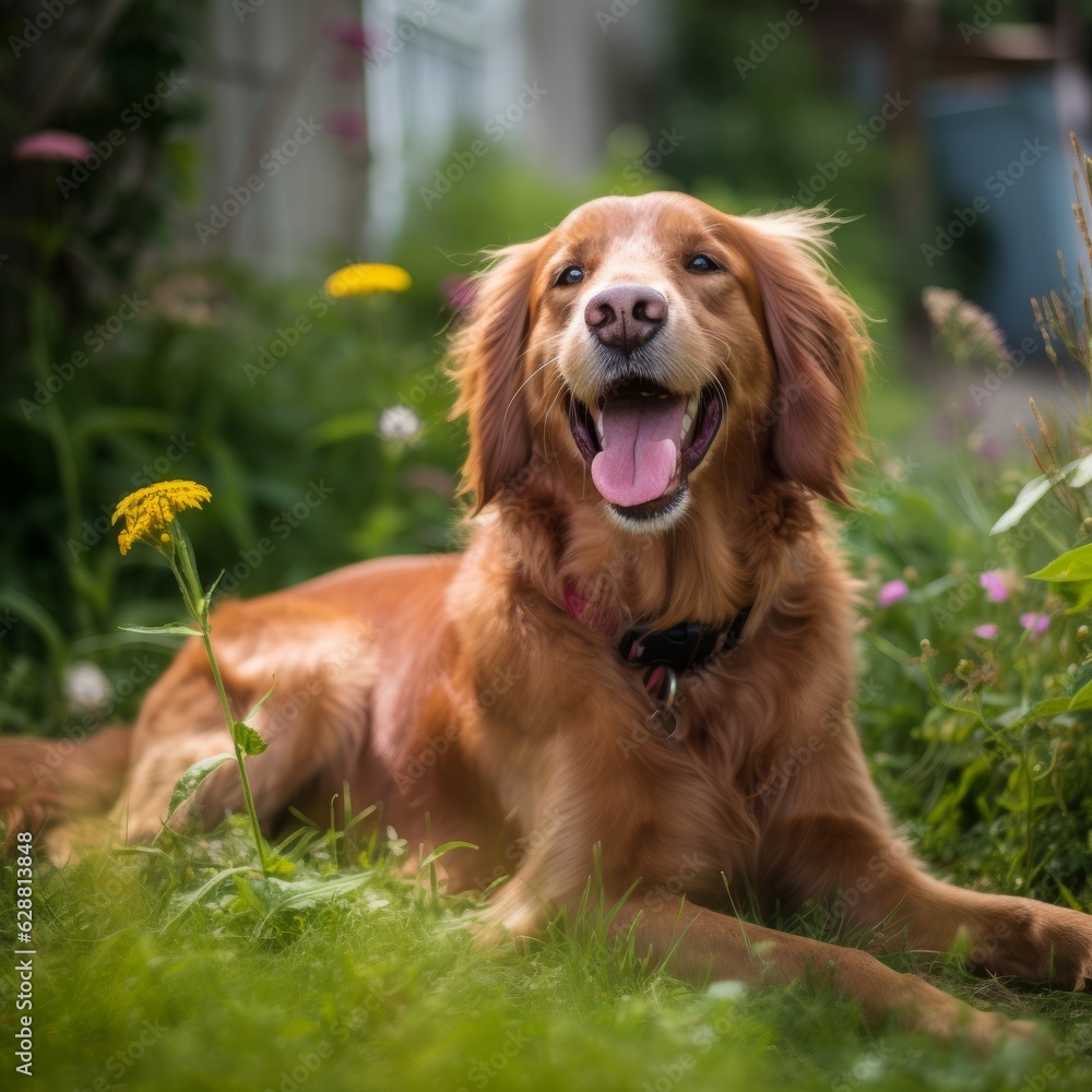 portrait of a happy panting dog in a summer suburban yard