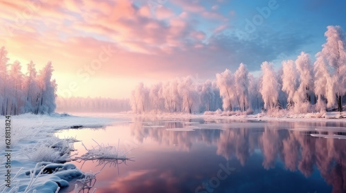 Frozen ice lake background with water in the middle of winter with forest view at Sunn. Generative ai
