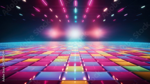 Empty disco dance floor with colorful lights created with Generative AI