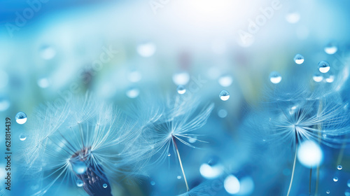 Dandelion seeds in blue and turquoise water droplets. Generative ai