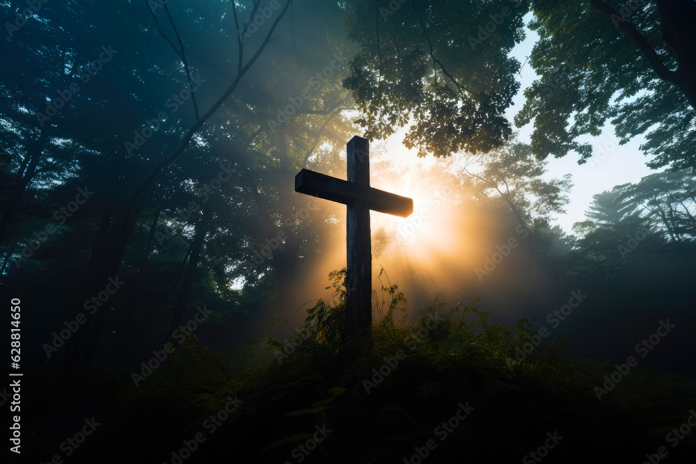 Cross in the forest at sunrise with rays of light coming through the trees Cross in the forest at sunrise with rays of light coming through the trees