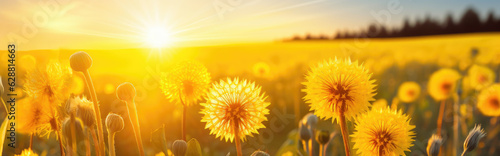 Close-up panorama of yellow dandelion flowers at sunset  summer background. Generative ai