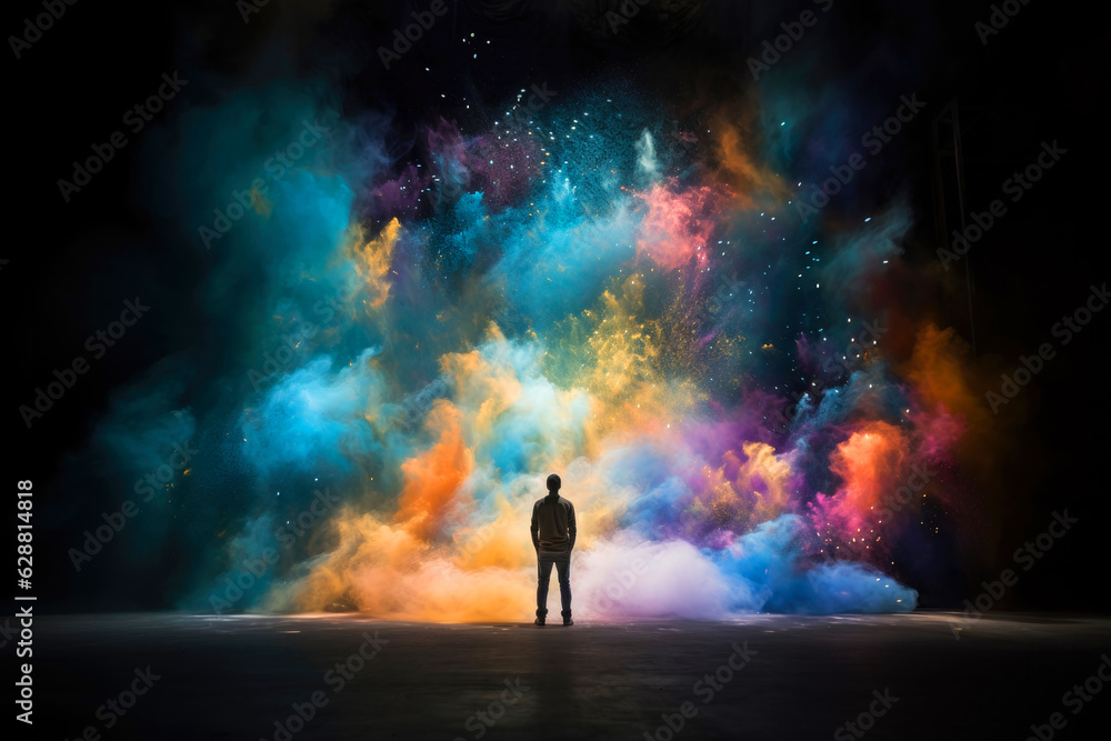 Faith. Man standing in front of colorful smoke and fire background. Mixed media Faith. Man standing in front of colorful smoke and fire background. Mixed media