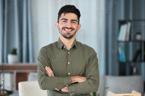 Smile, remote work and portrait of man accountant intern in home office confident and proud arms crossed. Happy, young and professional employee with a future or mission at work for a startup company