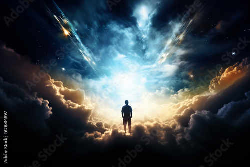 Faith. Silhouette of man standing on cloud and looking at the light