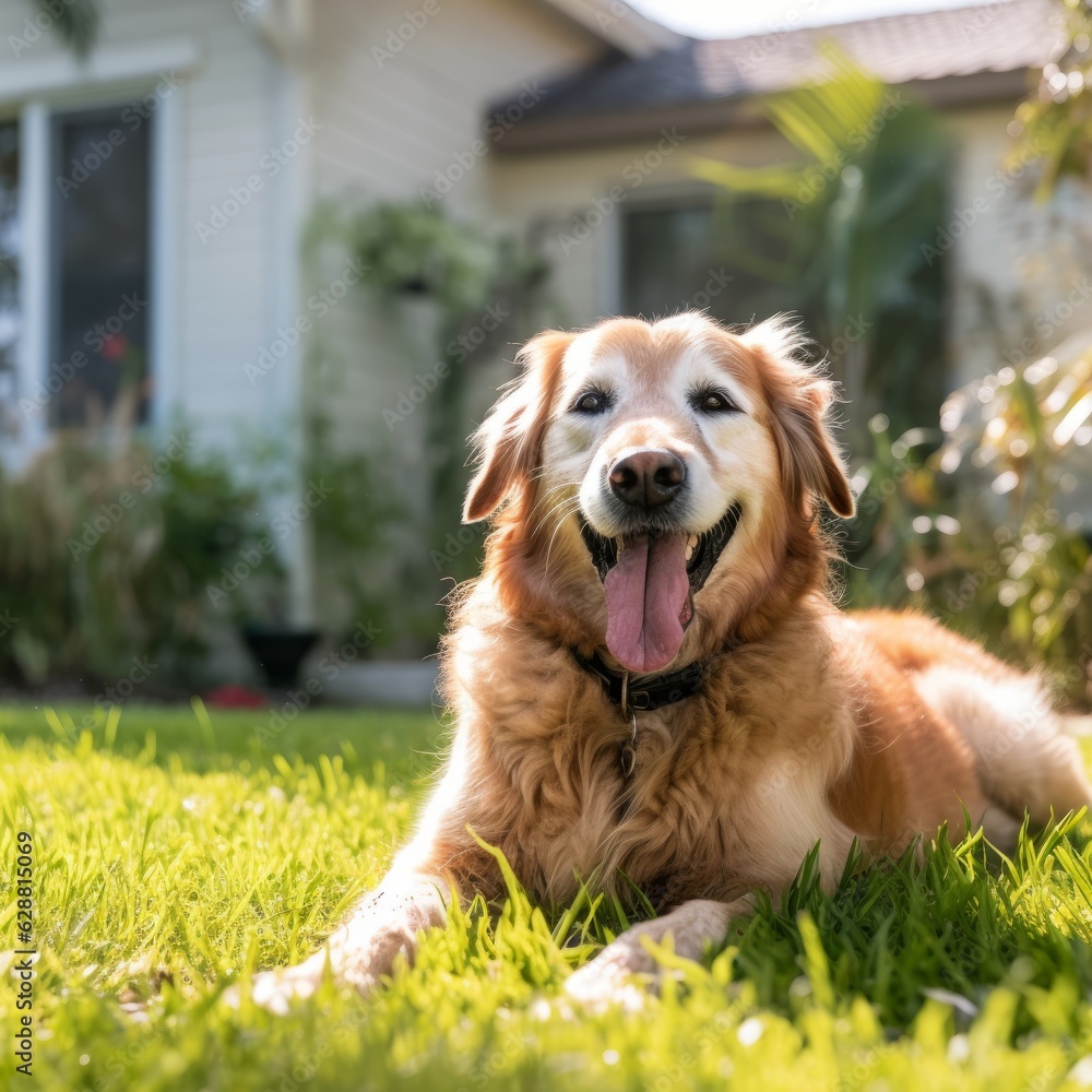 Portrait of a Happy Summer Dog in a Suburban Yard Portrait of a Happy Summer Dog in a Suburban Yard