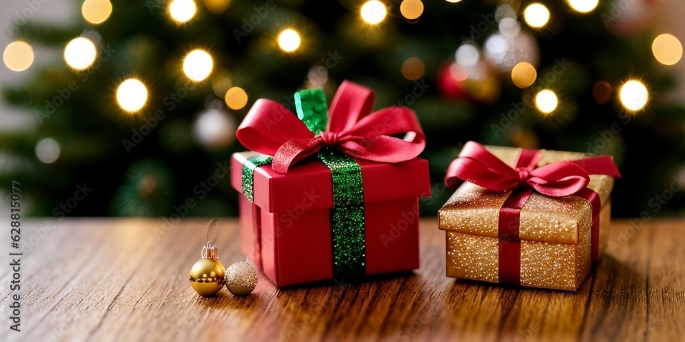 A gift box on the wooden table with a Christmas background, blurry light and bokeh, empty space for placing text. A gift box on the wooden table with a Christmas background, blurry light and bokeh, empty space for placing text.