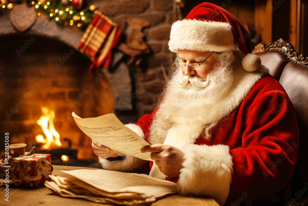 Santa Claus reads a letter with a wish list for Christmas at home near the fireplace - obrazy, fototapety, plakaty 