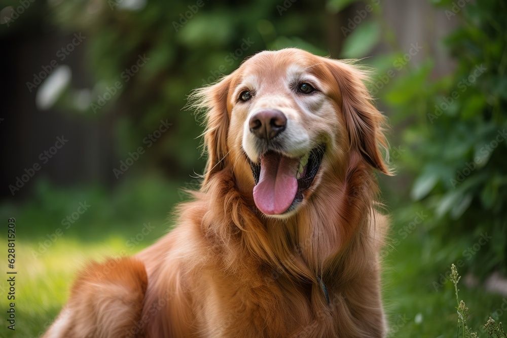 portrait of a happy family dog outside in a summer suburban yard in the summer