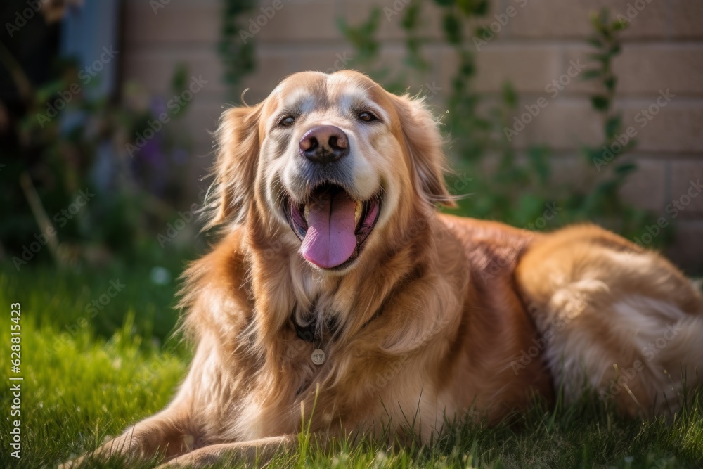 summer suburban portrait of a happy dog outside in a neighborhood yard summer suburban portrait of a happy dog outside in a neighborhood yard