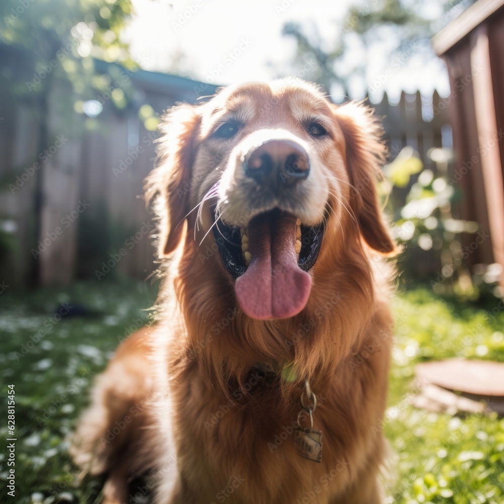 summer suburban portrait of a happy dog outside in a neighborhood yard summer suburban portrait of a happy dog outside in a neighborhood yard