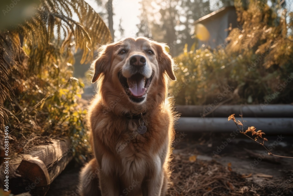summer suburban portrait of a happy dog outside in a neighborhood yard