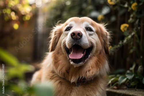 summer suburban portrait of a happy dog outside in a neighborhood yard