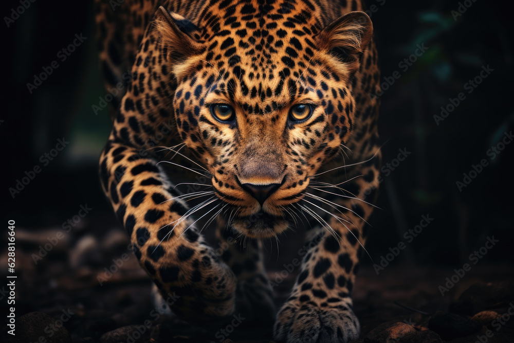 Obraz premium Close-up black-spotted yellow leopard in dark tones. Generative ai