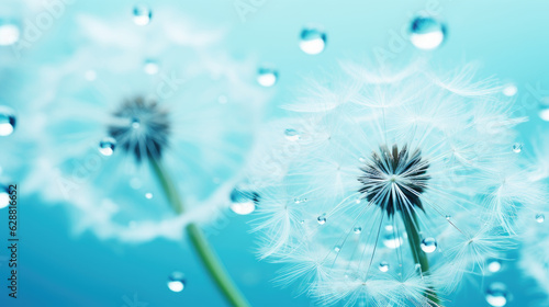 Close-up background of aqua green Dandelion flower seeds and raindrops. Generative ai