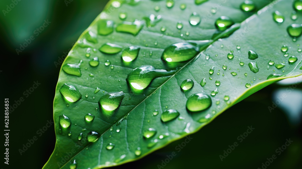 Close up of big raindrops on green hard leaf plant, nature background. Generative ai Close up of big raindrops on green hard leaf plant, nature background. Generative ai