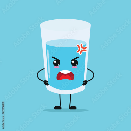 Cute angry water glass character. Funny mad glass cartoon emoticon in flat style. water emoji vector illustration