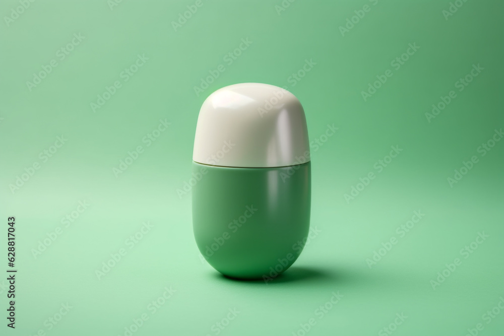 Small glass container against lime green background. Cosmetics mock up, AI generative, Illustration. Small glass container against lime green background. Cosmetics mock up, AI generative, Illustration.