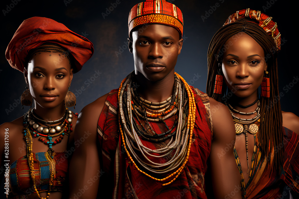 African beautiful women in traditional clothes and a man between them. Culture and traditions of Africa. AI Generated.