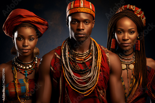 African beautiful women in traditional clothes and a man between them. Culture and traditions of Africa. AI Generated.