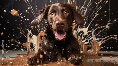 Brown dog looking confused at camera among splashing chocolate. Generative ai