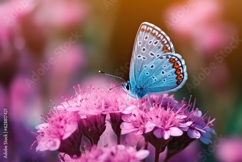 Beautiful blue butterfly on a pink flower in nature close up view