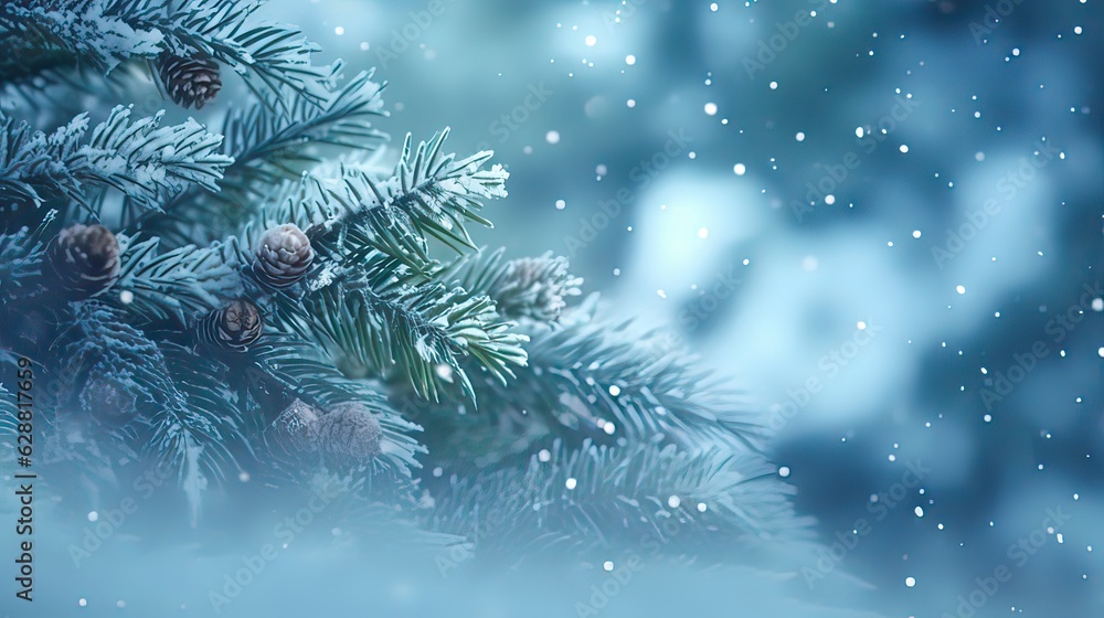 Blue winter christmas nature background. frame wide snowy