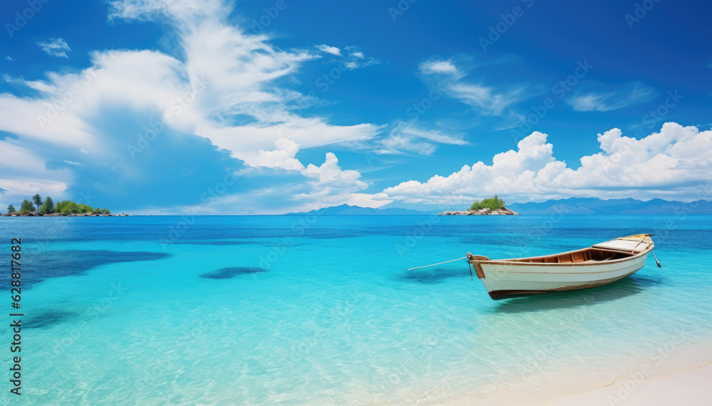 Boat in turquoise ocean water against blue sky with white. Generative ai Boat in turquoise ocean water against blue sky with white. Generative ai