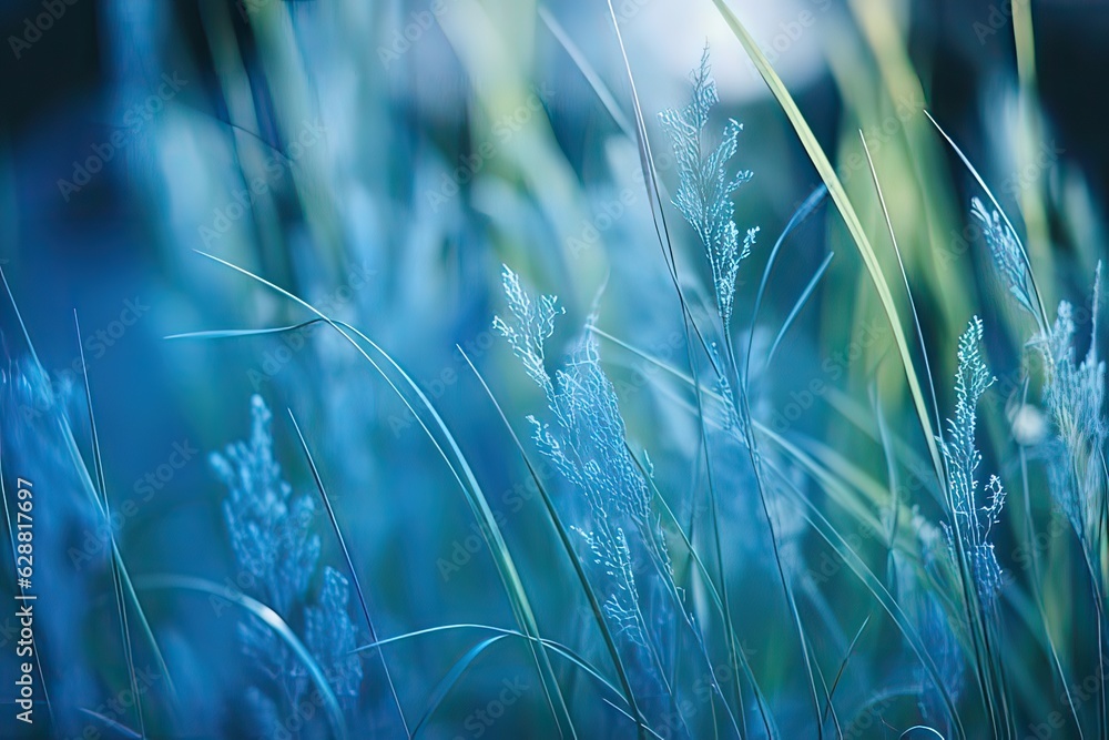 High grass with soft focus in blue tones macro. Natural landscape