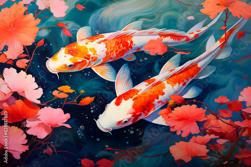 Japanese Koi Carps in the water, cherry blossoms. Japanese fish in the lake. Art image. AI Generated