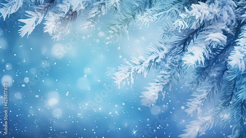 Blue winter christmas nature background. frame wide snowy