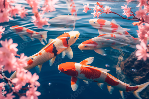 Japanese Koi Carps in the water, cherry blossoms. Japanese fish in the lake. Art image. AI Generated