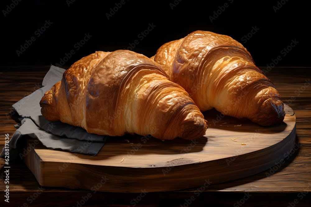 Promotional commercial photo of Two croissants on a dark background created with Generative AI technology Promotional commercial photo of Two croissants on a dark background created with Generative AI technology