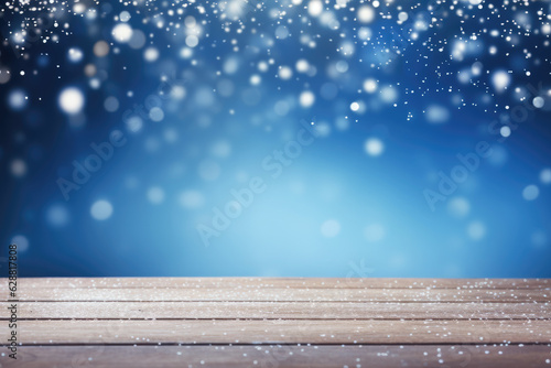 Blurred out of focus blue background with snowflakes and winter theme on wood. Generative ai