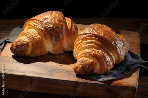 Promotional commercial photo of Two croissants on a dark background created  with Generative AI technology