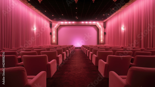 Blockbuster barbie movie concept, pink movie theater and pink floodlit curtain. Generative ai